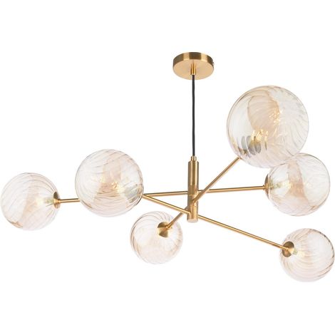 Dar Vignette Suspension Vignette à 6 lumières en laiton vieilli et verre ambré torsadé (1/3)