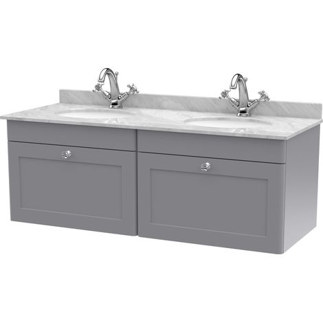 Swynnerton Traditional 2 Drawer Wall Hung Vanity Unit with Double Marble Basin, Satin Grey, 1200mm