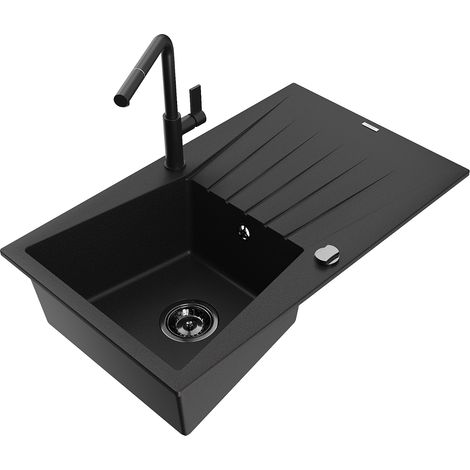 Mexen Cesar lavabo in granito 1 vasca con gocciolatoio e miscelatore cucina Flora, nero - 6514-77-670401-70-B (1/5)
