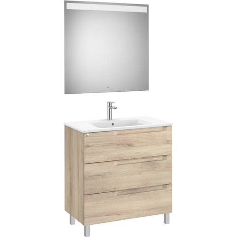 MUEBLE LAVABO CENTRADO 800MM ALEYDA CON PATAS 3 CAJONES + ESPEJO BEIGE MADERA