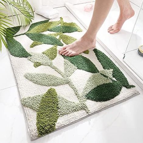 Tappetino da bagno antiscivolo 50x80 cm, assorbente, lavabile in lavatrice, morbido, con motivo a foglie verdi. (1/5)