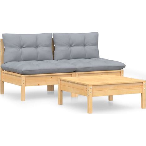 Salon de jardin 3 pcs Ensemble Table et Chaise de Jardin - avec coussins gris Bois de pin BV610162 - BonneVie (1/5)