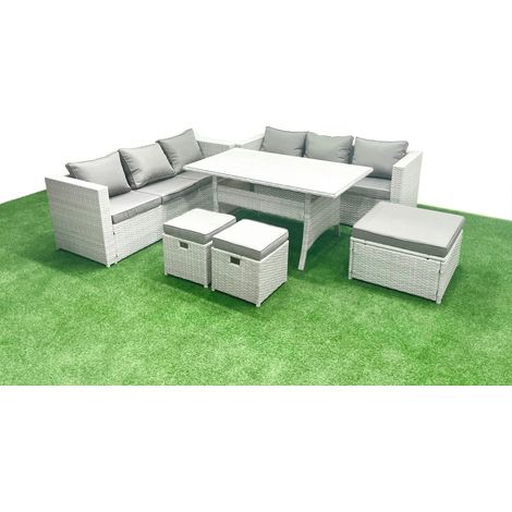 Fimous Rattan Garden Furniture Set 9 Seater Outdoor Sofa Set with Dining Table 3 Footstools Light Grey Mixed (1/5)