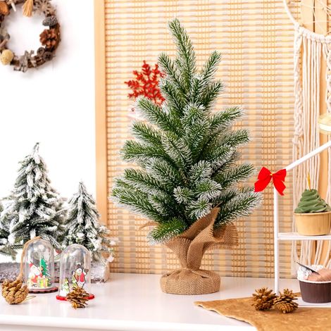 COSTWAY Sapin de Noël Miniature 50cm Branches Recouvertes de Poudre Neigeuse et Paillettes Support en Ciment Enveloppée en Jute (1/5)
