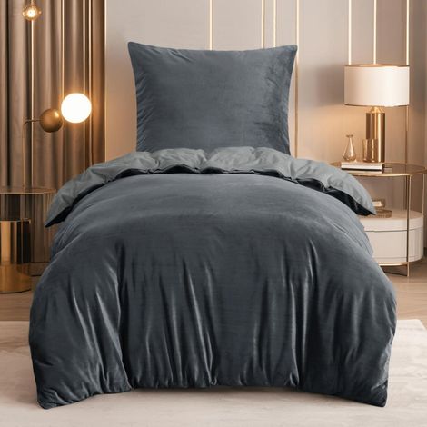 Bettwäsche-Set 135x200 Flanell Grau Wendebettwäsche mit Reißverschluss