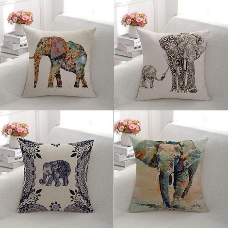 Lntyq Lot de 4 Housse de Coussin Canapé motif éléphant 45x45cm Taie d'oreiller Decoration en Lin pour Chambre,canapé, Lit,Jardin (1/4)
