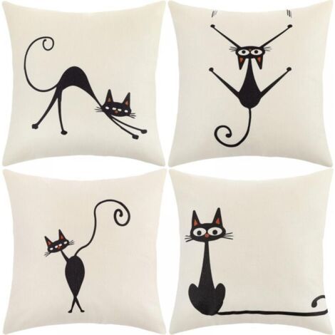Housse de Coussin, Housse Coussin 45x45 Taie d'oreiller Lot de 4 Housses Coussin Decoratif Fleurs La Vie Marine Plante Tropicale Schéma pour Canapé Chaise de Salon (Chat-Coton Lin) (1/5)