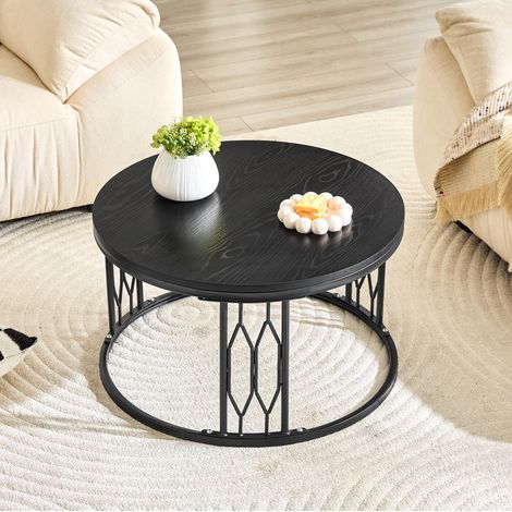 Table basse ronde 70x70x40,5 cm noire avec rangement ouvert, plateau MDF effet bois, MEUBLIV (1/5)