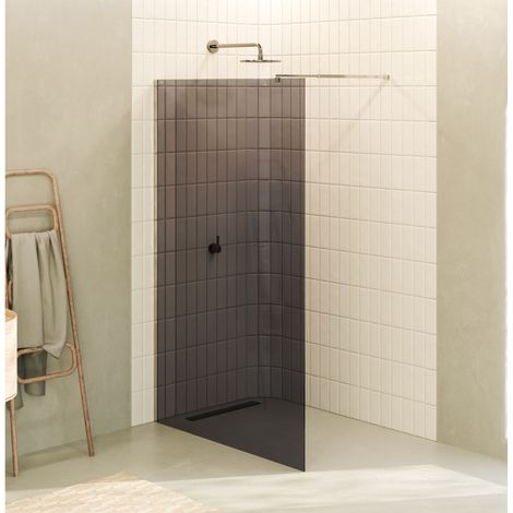 Mampara de ducha Walk-In FIONA 170 x 200 cm, panel fijo de cristal templado ahumado 10 mm, barra 22M y perfil inox cromado - MOMENTS OF GLASS (1/5)