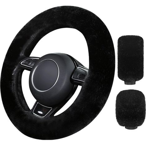 3 en 1 Soft Couvre Volant Voiture poignée de Frein à Main poignée Couvre Levier Couvre, Taille Universel 38cm pour la Plupart des Voitures, Hiver en Peluche Chaud, Antidérapant, Noir (1/5)
