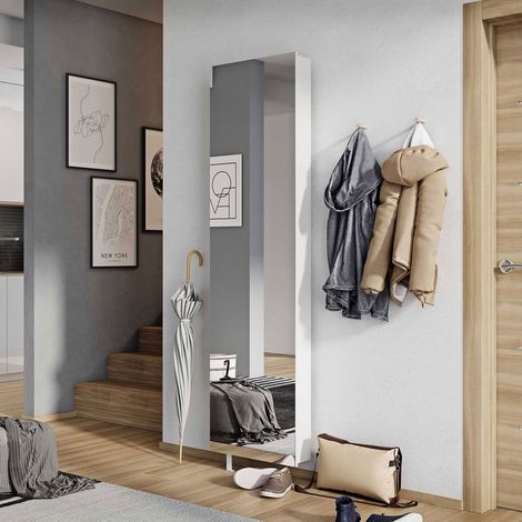 Armoire à chaussures rotative avec miroir 50x18x195cm blanche - AMKY (1/5)