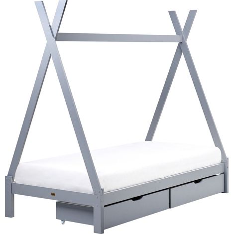 Kids Bed with Drawers Teepee Pine Wood DEVAY 90 x 200 cm (EU Single) Grey