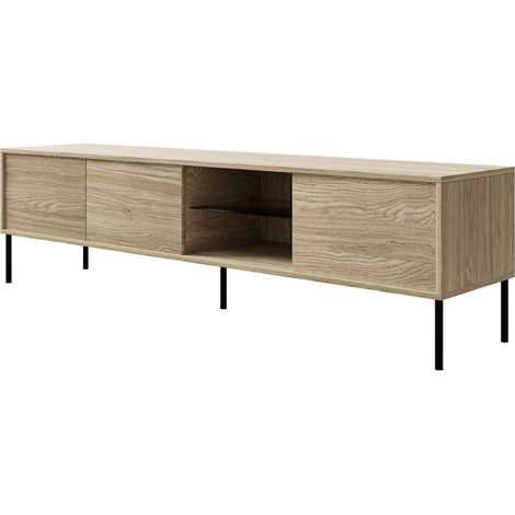 Selsey Modity - TV-Schrank 3-türig mit Glasregal und Beleuchtung, 175 cm, Holzoptik Eiche