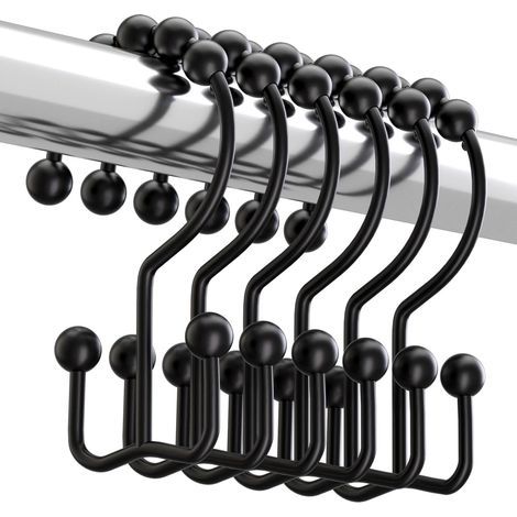 Anneaux de rideau de douche noirs, 7,7 cm de long, 6 anneaux de douche doubles antidérapants en métal résistant à la rouille. (1/5)