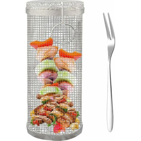 Panier à griller cylindrique, panier roulant avec crochet et fourchette, acier inoxydable, grille ronde pour usage extérieur (taille 20 cm) (1/5)
