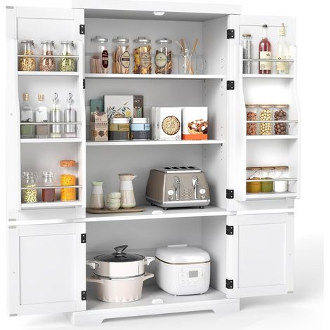 Costway – Armoire de cuisine blanche 139 cm – 5 étagères réglables – 4 portes – MDF – Rangement sécurisé avec protection anti-basculement