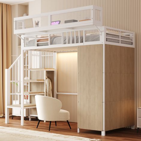 Lit mezzanine enfant 90x200 cm avec armoire coulissante, LED smartphone, échelle sécurisée, métal, blanc (1/5)