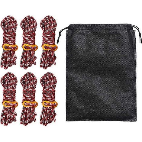 Lot de 6 haubans de 5 mm pour tente, bâche, abri et camping, avec tendeur et pochette de réglage - Rouge (1/5)