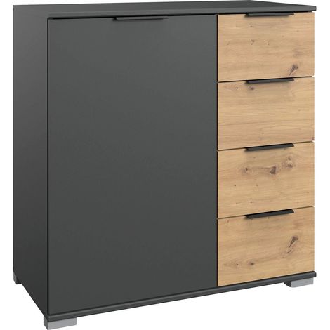 Commode meuble de rangement coloris graphite/imitation chêne artisan - Longueur 81 x Hauteur 90 x Profondeur 41 cm -PEGANE- (1/4)