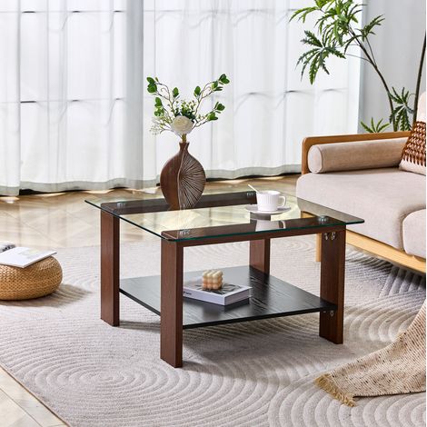 Table basse moderne avec rangement, plateau en verre trempé, MDF, finition noyer, 65x41x45,5 cm (1/5)