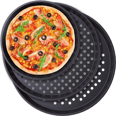 Plaques à pizza, lot de 3 plaques perforées antiadhésives (diamètres env. 23, 28 et 30 cm / 9, 11 et 12 pouces), cuisson uniforme, adaptées aux cuisines domestiques et professionnelles. (1/5)