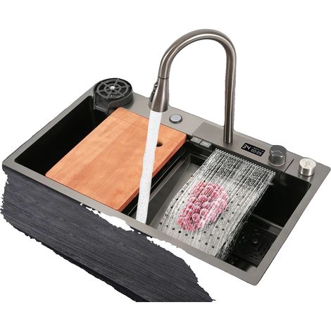 Évier de cuisine, acier inoxydable 201, 80 x 46 x 20 cm, 1 trou, bol rectangulaire, robinet à tirage 360° (1/5)
