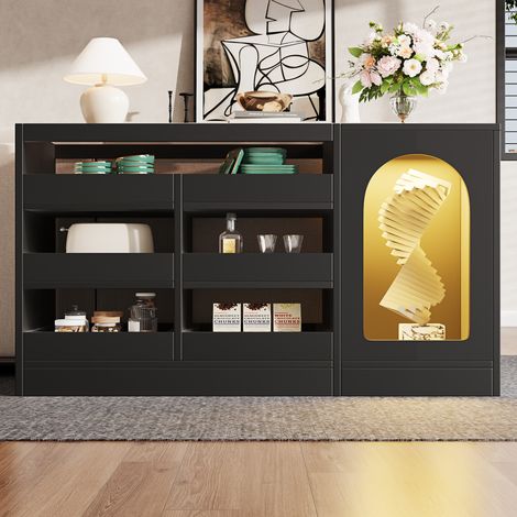 Aparador de MDF negro con 6 cajones, encimera de vidrio y luz LED, 120x40x75 cm (1/5)