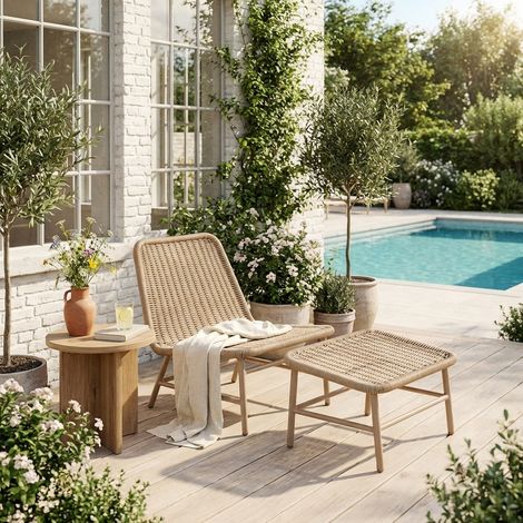Fauteuil relax et repose pied aluminium et corde beige - Laguna