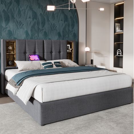 FLORAGRACE Lit adulte 180x200 cm en tissu gris avec recharge sans fil, USB-C et rangement, coffre relevable, sans matelas (1/5)