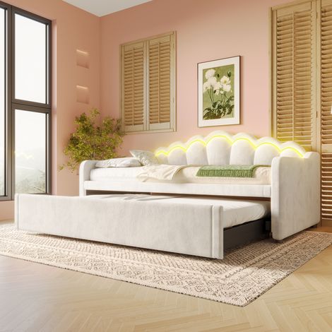 Méridienne convertible en lit gigogne, canapé-lit, lit simple (sans matelas), lit double, velours, bande LED à couleurs changeantes, 90 x 200 cm (180 x 200 cm), beige (1/5)
