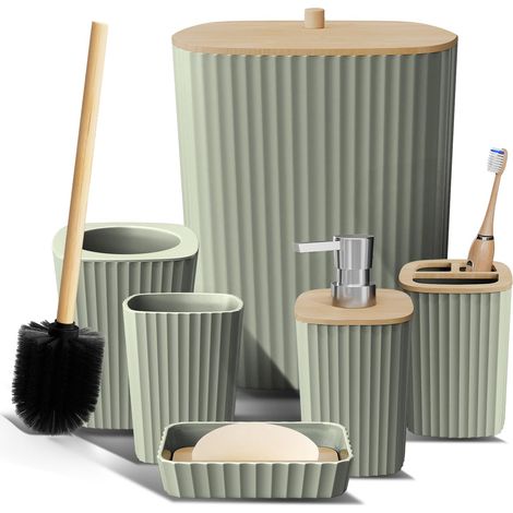Ensemble d'accessoires de Salle de Bain 6 pièces avec Brosse WC, Poubelle et Distributeur de Savon Vert Sauge (1/5)