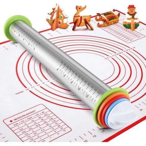 Stainless steel rolling pin and silicone mat set, adjustable thickness rings - For baking pasta, pizzas, pies, pastries, dough and cookies (1/4)