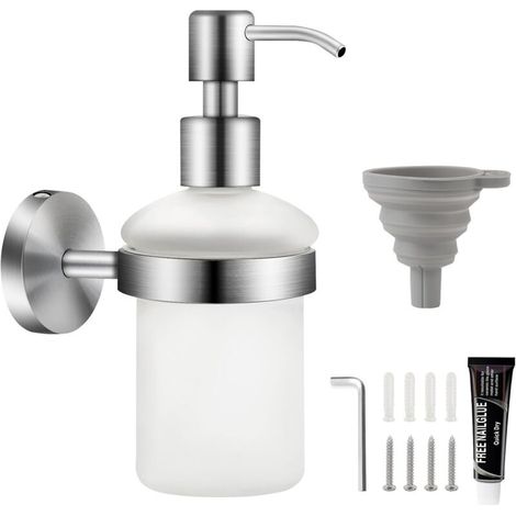 Wall-Mounted Soap Dispenser, Matte Glass, 200ml, Stainless Steel, No Drilling Required, Bathroom Shampoo and Shower Gel Dispenser, Press-On Pump Dispenser with Funnel (1/5)