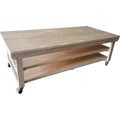 Rotem Wooden Kiln-Dry Workbench, 4ft(90cm) Depth, 4ft(120cm) length, With wheels and Double shelf