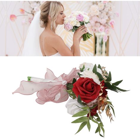Kunstblumen für Hochzeiten, Brautjungfernsträuße, Requisiten für Outdoor-Fotografie, bordeauxrote und weiße Sträuße (1/5)