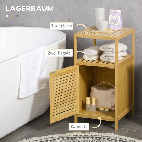 Meuble salle de bain en bambou naturel, étagère avec 1 casier et 1 placard, 33x36.5x67 cm (1/5)