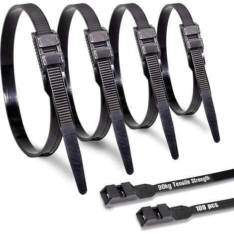 9mm x 360mm Double Verrou Serre Cable Noirs 100 Pièces Résistant au UV Durable Attache Cable Résistance à La Traction 90 kg Pour Cable Management, Famille DIY, Bricolage, Atelier, Jardinage (1/5)