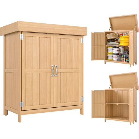 Outsunny Gartenhaus, freistehend, mit Doppeltür, Ablage und aufklappbarem Bitumendach, Maße: 74 x 43 x 88 cm (L x B x H), Massivholz Tannenholz