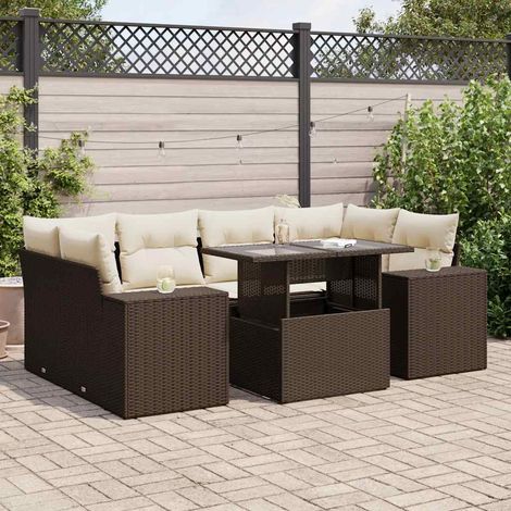 Canapé d'angle 7 places marron Ensemble salon jardin résine tressée Table verre trempé réglable Coussins amovibles et rangement intégré (1/5)