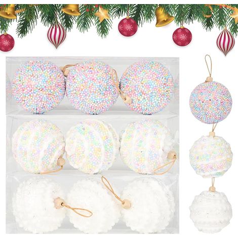 Set mit 9 bruchsicheren Macaron-Weihnachtskugeln aus Kunststoff – 8 cm – Weihnachtsschmuck – Christbaumschmuck – Glitzer – Rosa und Weiß (1/5)
