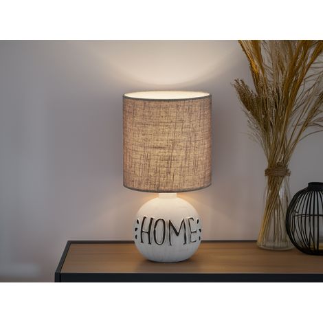 Tischleuchte ESNA Keramik-Sockel Schriftzug HOME Stoffschirm Braun, Höhe 31cm (1/5)