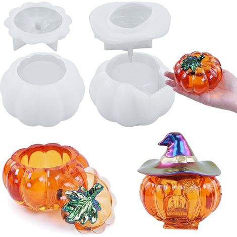 Lot de 4 moules en silicone en forme de citrouille WISIRENT - Moule en silicone citrouille - Bougeoir en silicone - Pour l'automne et Halloween - Avec couvercle - Pour travaux manuels, savon (1/5)