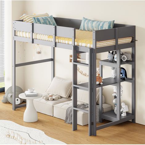 Lit mezzanine 90x200 cm gris en bois de pin massif avec étagère et barrières de sécurité (1/5)