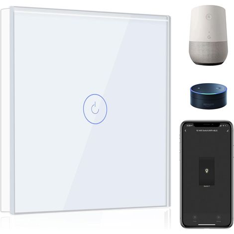 Interrupteur Connecté WiFi,1 Gang 1 Voie Interrupteur Tactile Mural en Verre WiFi, Blanc (Ligne Neutre Requis) (1/5)