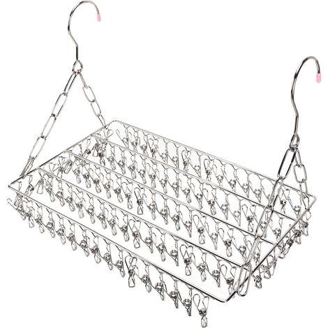 Étendoir à linge multifonctionnel en acier inoxydable argenté pour suspendre vêtements, serviettes et chaussettes. 100 pinces incluses. (1/5)