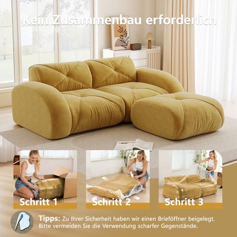 Canapé modulaire 2 places avec pouf, mousse haute densité 32D, tissu chenille anti-griffes, design antidérapant, doux et confortable, jaune, pour salon. (1/5)