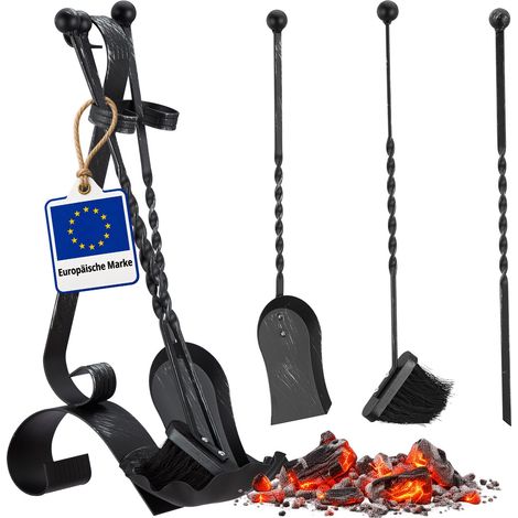 Relaxdays 10022292 Set Attrezzi Camino in Acciaio, 4 Accessori, con Paletta, Scopetta e Attizzatoio, Stile Antico, Nero (1/5)