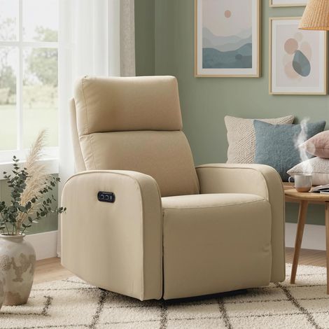 Sillón reclinable eléctrico de chenilla con reposapiés, reposacabezas ajustable y tomas de corriente, 80x93x103 cm, color beige. (1/5)