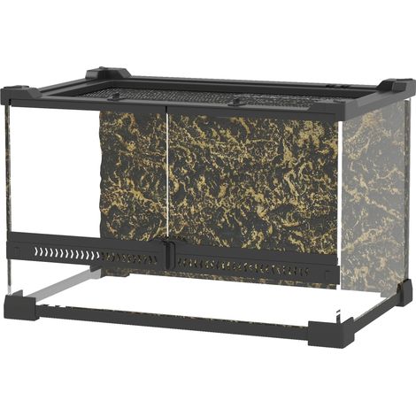 Reptile Glass Terrarium Stone Background, Front Ventilation, Escape-Proof Knob Lock, 30 x 20 x 20 cm, Black (1/5)