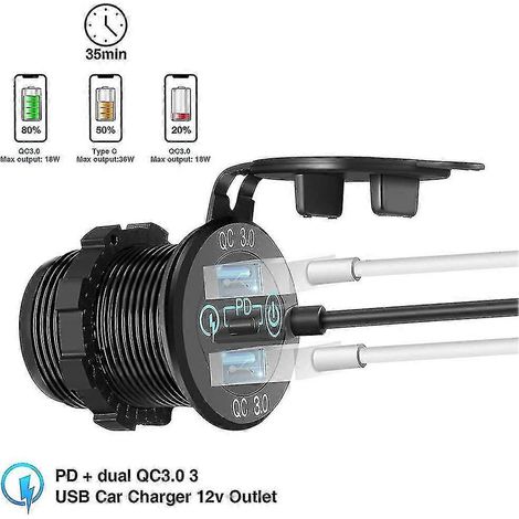 Cargador de coche múltiple USB-C de 12 V/24 V, triple, de aluminio, 60 W, con tres puertos PD3.0, dos puertos QC3.0 y interruptor táctil para carga rápida. (1/5)